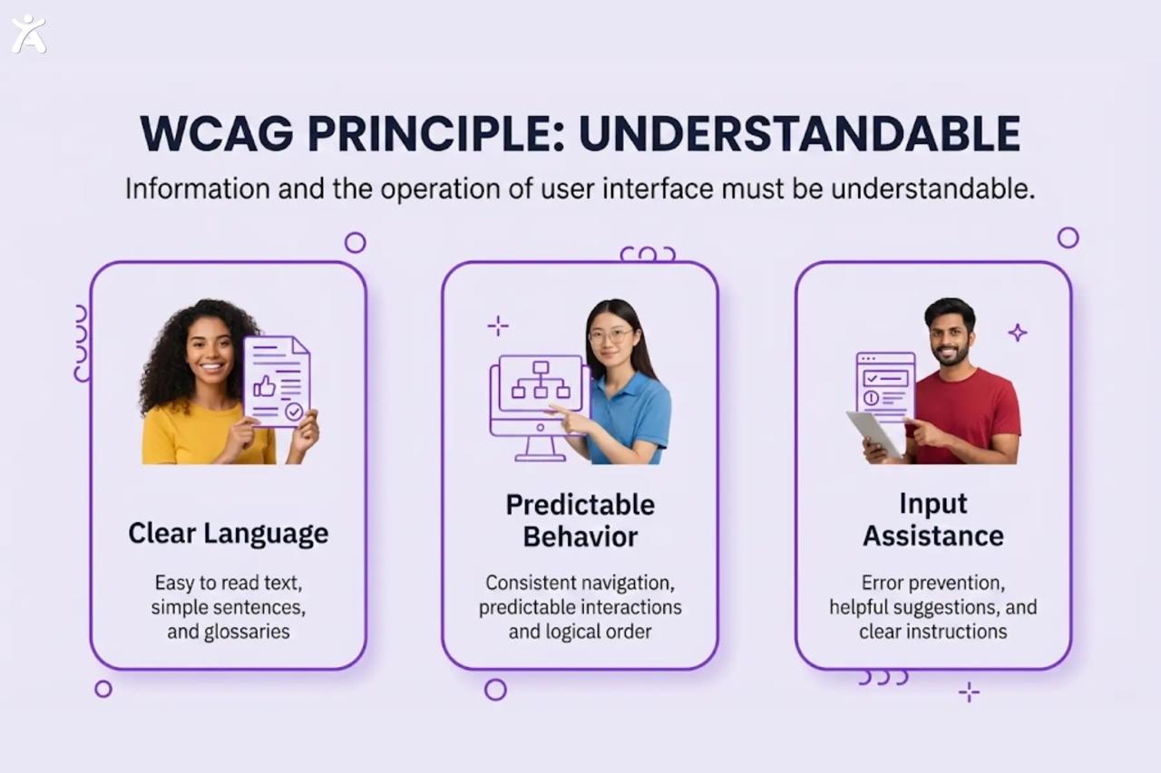 WCAG Principle: Understandable. Three panels depicting Clear Language (a person holding a document), Predictable Behavior (a person pointing to a computer screen with flowchart icons), and Input Assistance (a person using a tablet with clear instructions on the screen).