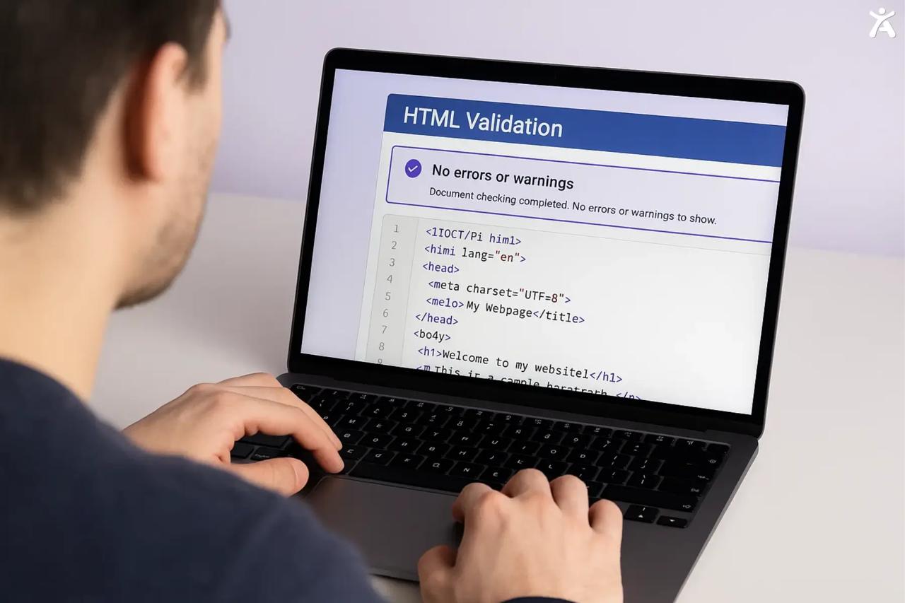 Laptop screen showing HTML validation results with a message stating no errors or warnings, indicating clean and valid code.