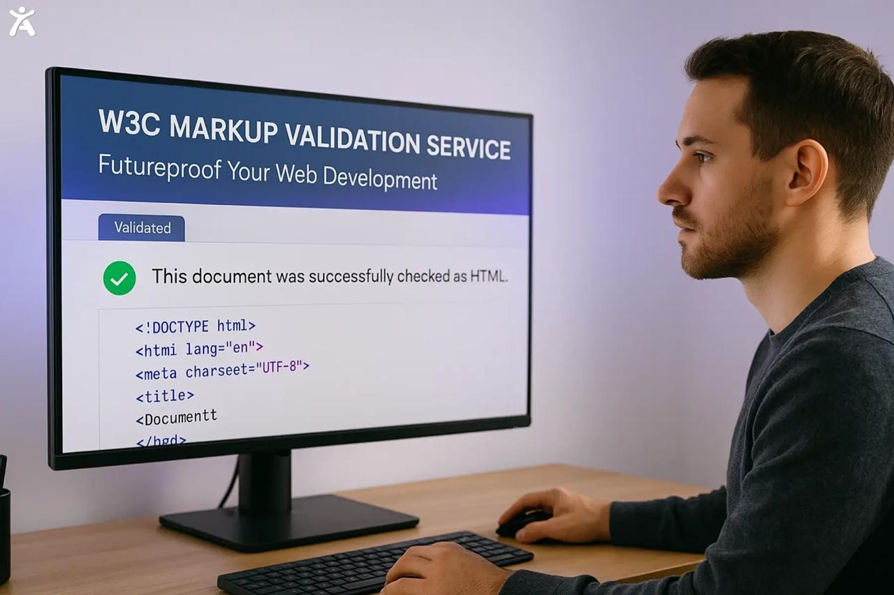 Developer reviewing W3C Markup Validation Service results on a computer screen confirming a document is successfully validated as HTML.