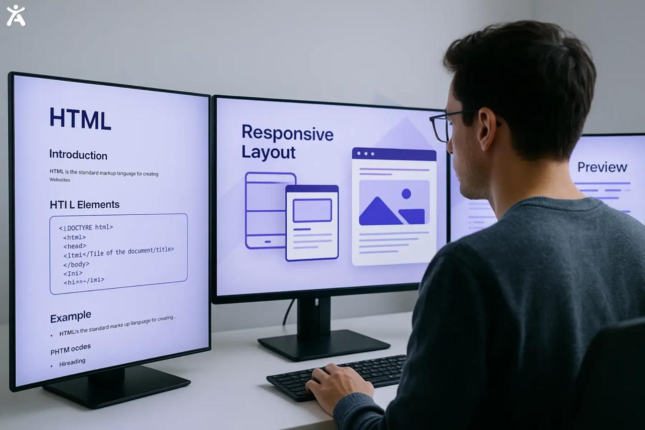 Web developer viewing HTML code and responsive layout examples on dual monitors, illustrating structured markup and responsive design for Future proofing Your Digital Asset.