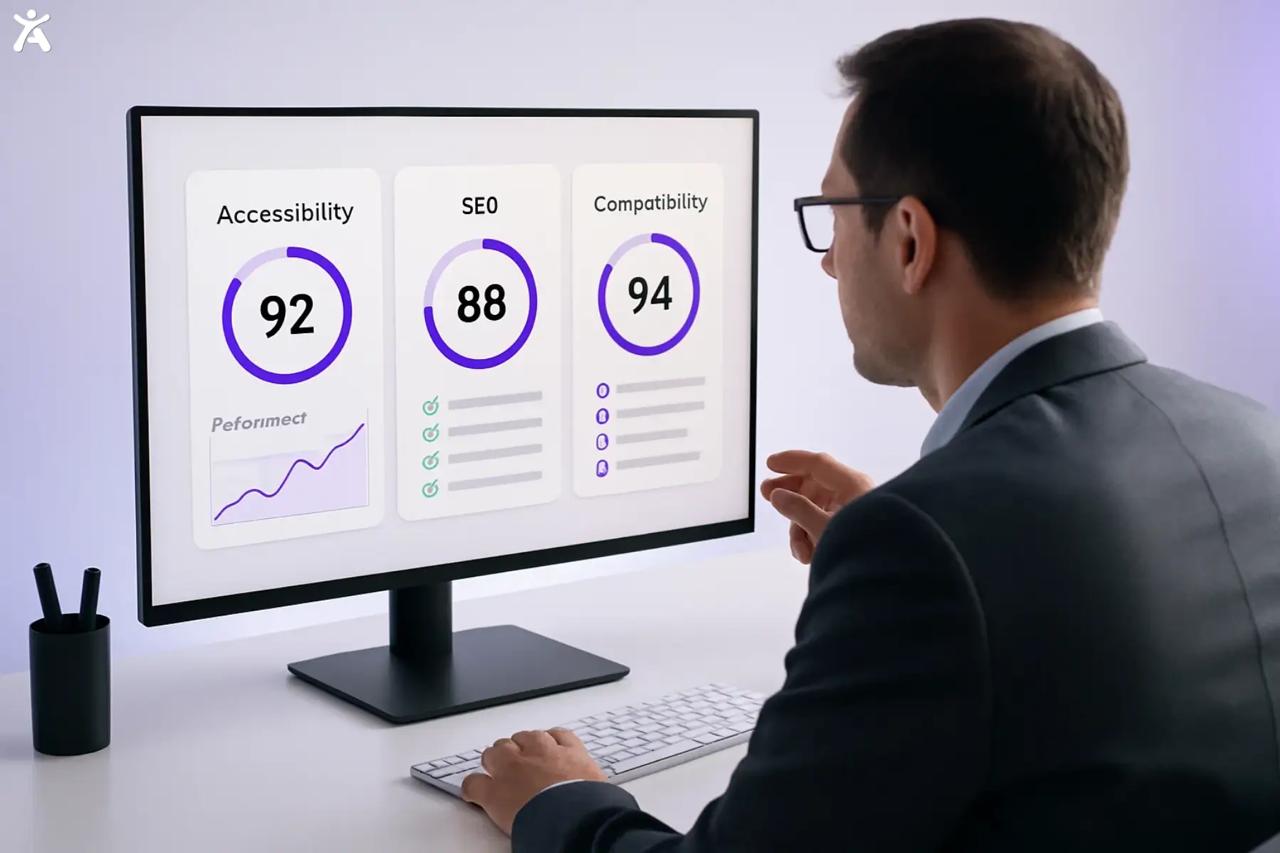 Accessibility audit dashboard on a monitor displaying scores for accessibility, SEO, and compatibility.