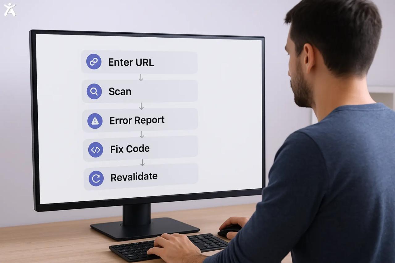 Website accessibility testing workflow displayed on a monitor showing steps: Enter URL, Scan, Error Report, Fix Code, and Revalidate.