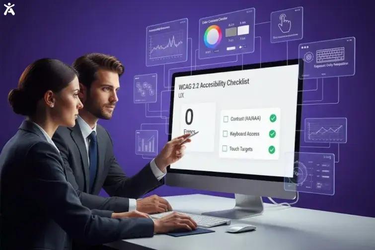 two professionals reviewing a WCAG 2.2 Accessibility Checklist on a computer screen. The checklist, displayed on the monitor, shows zero errors and highlights features such as "Contrast (AAA)," "Keyboard Access," and "Touch Targets," indicating a focus on web accessibility and user experience (UX) standards. The background includes various analytical graphs and data visualizations, suggesting a work environment centered on data-driven decisions.