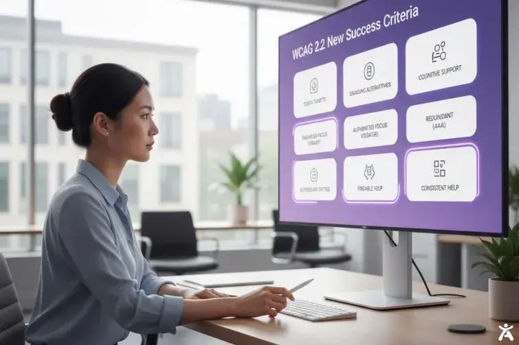A woman sitting at a desk, looking at a screen that displays WCAG 2.2 New Success Criteria following web accessibility checklist, with icons representing various criteria like "Touch Targets," "Cognitive Support," and "Redundant (AAA)."
