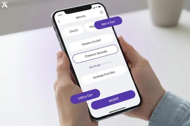 A person holding a phone with an app interface displayed. The app includes options like "Add to Cart," "Checkout Securely," and buttons for increasing the font size or selecting different image sizes.
