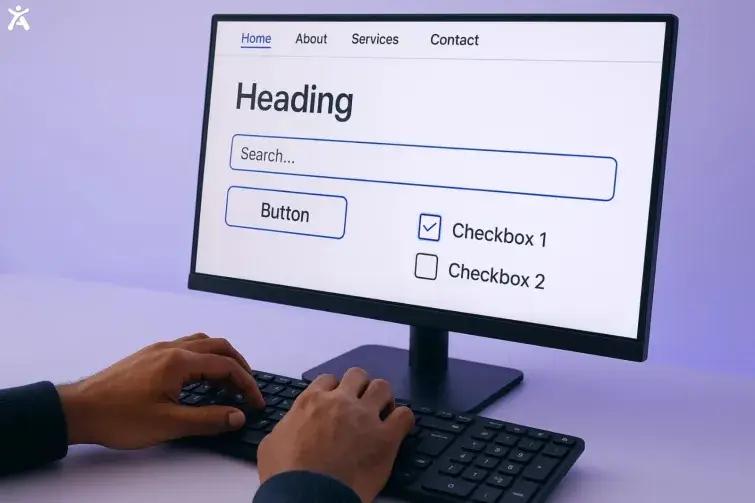 A person typing on a keyboard while viewing a webpage on a screen for web accessibility checklist. The webpage features form elements like a search box, a button, and checkboxes labeled "Checkbox 1" and "Checkbox 2."