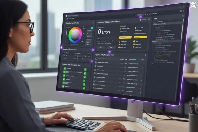 woman sitting at a computer, interacting with an advanced accessibility dashboard that checks for WCAG compliance, showing color contrast, keyboard navigation, and errors.