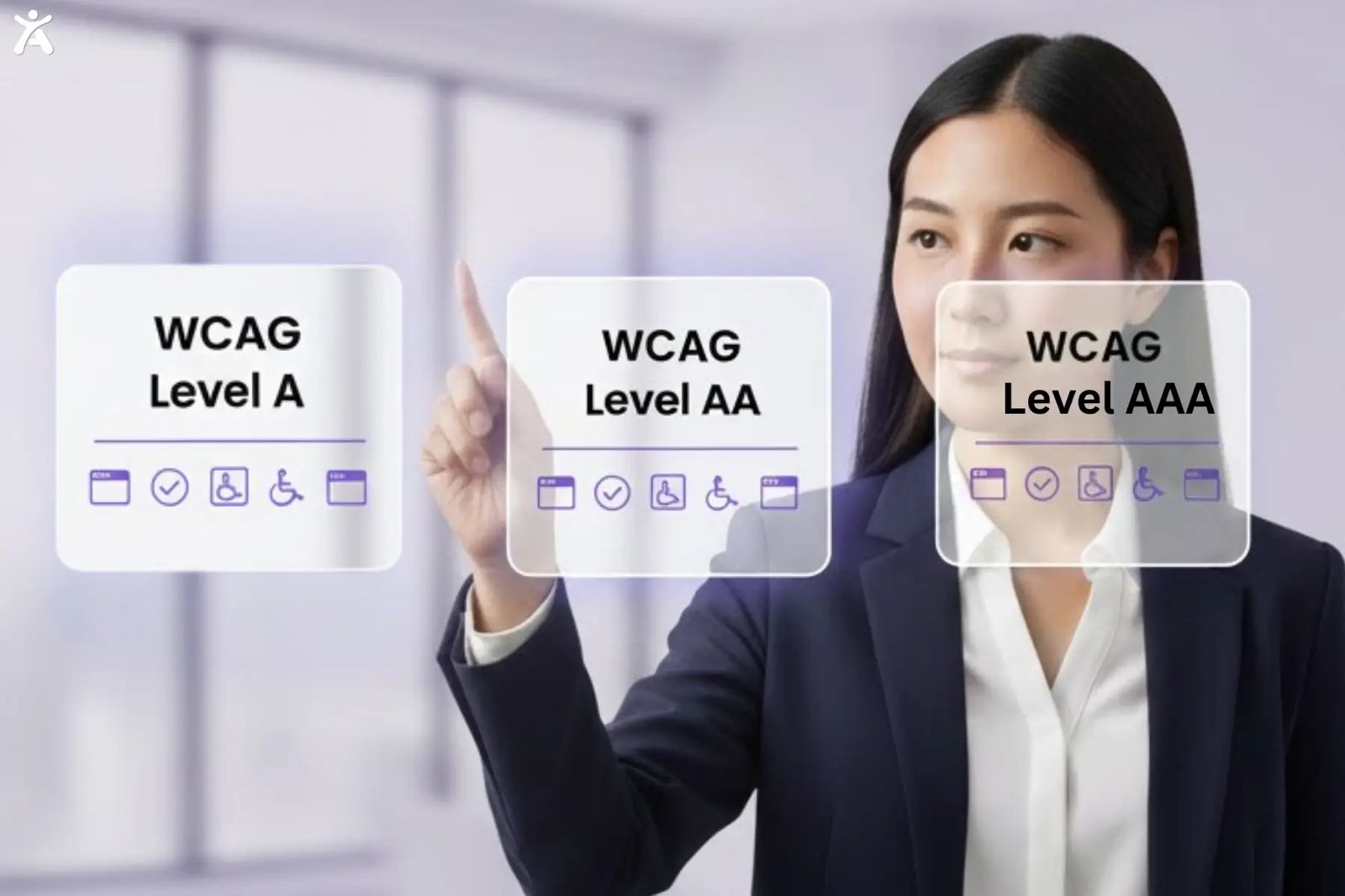 A professional woman is pointing at three transparent digital screens showing the WCAG (Web Content Accessibility Guidelines) compliance levels: Level A, Level AA, and Level AAA. Each level has icons indicating website elements related to accessibility, such as checkmarks and accessibility symbols.