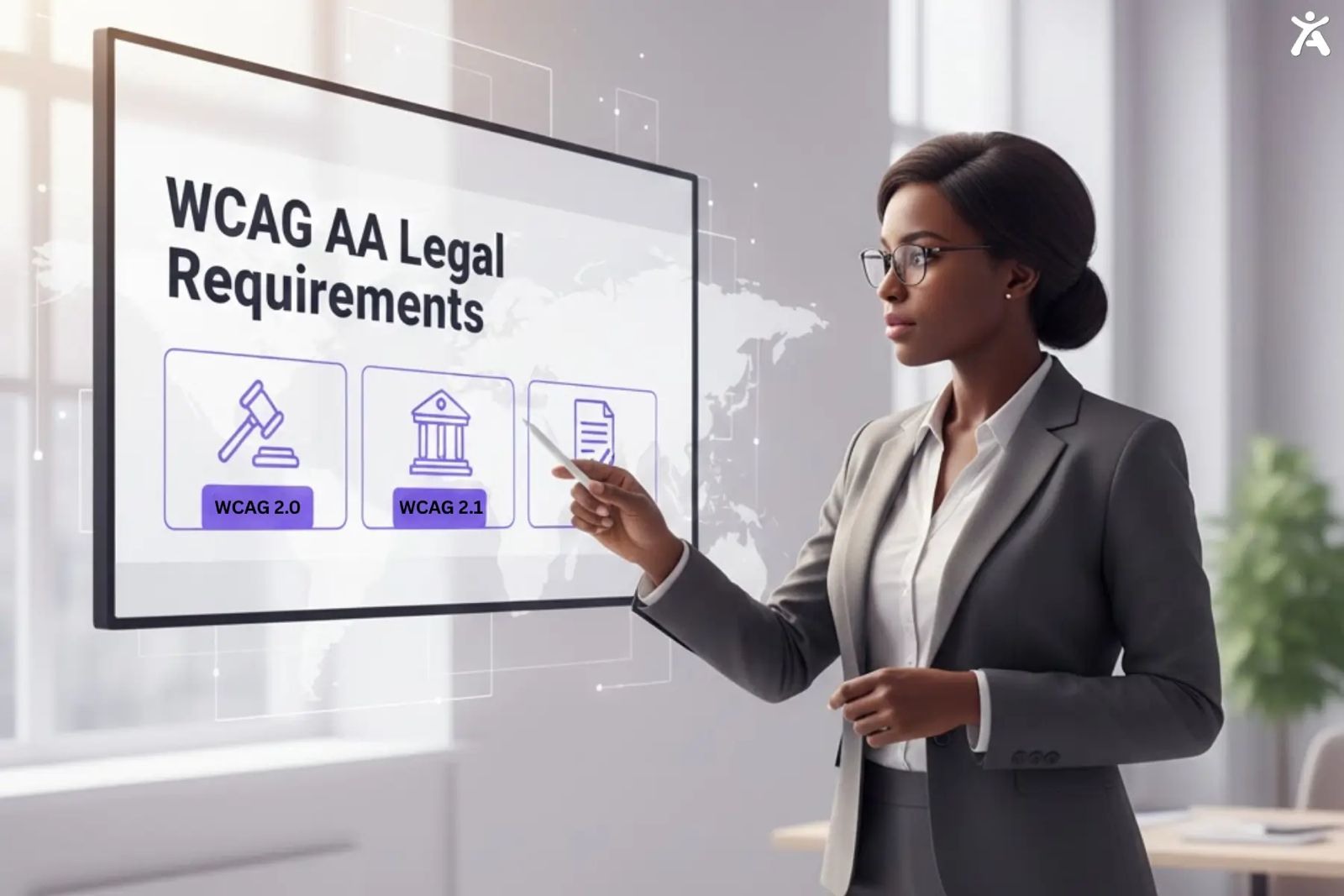 Professional woman pointing at a holographic screen displaying "WCAG AA Legal Requirements," with icons representing legal elements like a gavel, courthouse, and document.