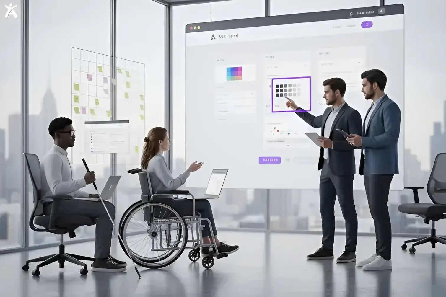 A group of professionals in a modern office setting, discussing accessibility in web design. One person is presenting information on a large screen, while others engage in a conversation. The workspace includes a laptop, wheelchair, and standing desk, promoting inclusivity in digital environments.