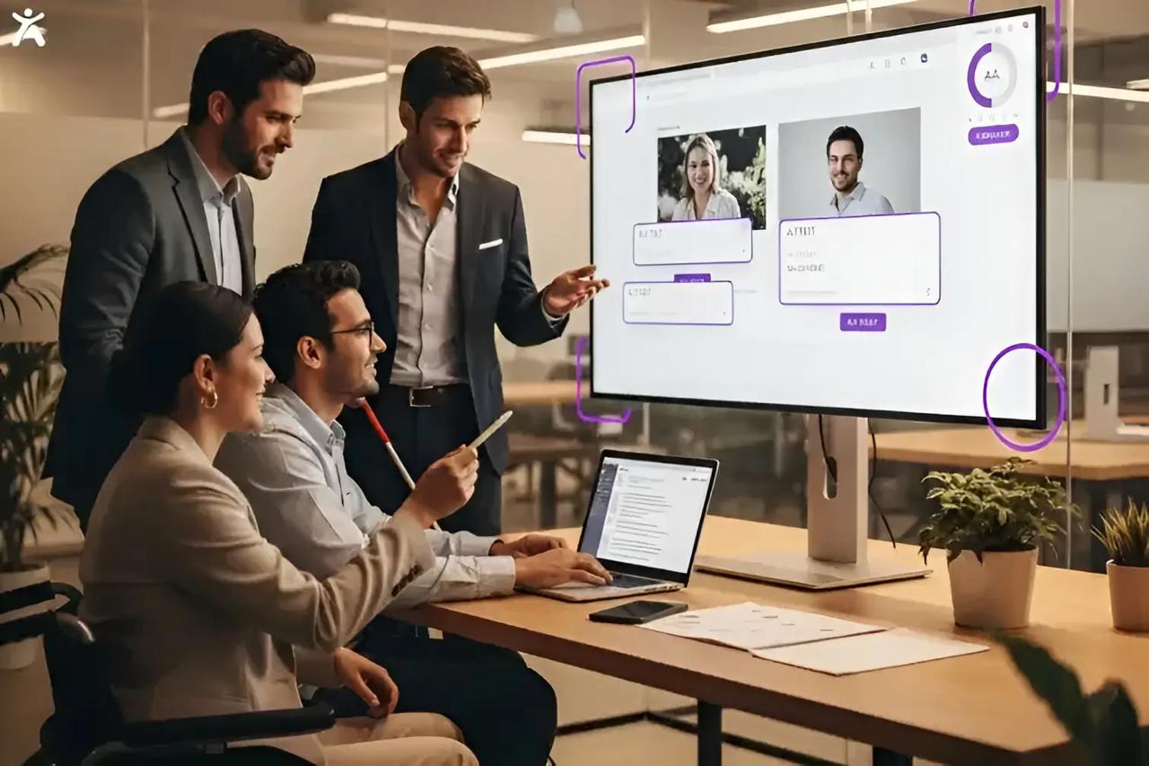 A group of professionals discussing on a large screen displaying WCAG examples, highlighting inclusive design.