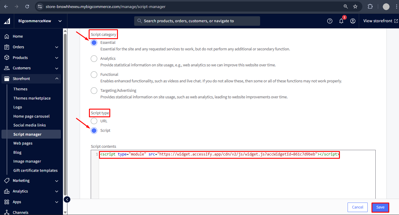 A user interface of an online script manager. Options for script category and type are highlighted, with a code snippet in a text box. The "Save" button is visible.