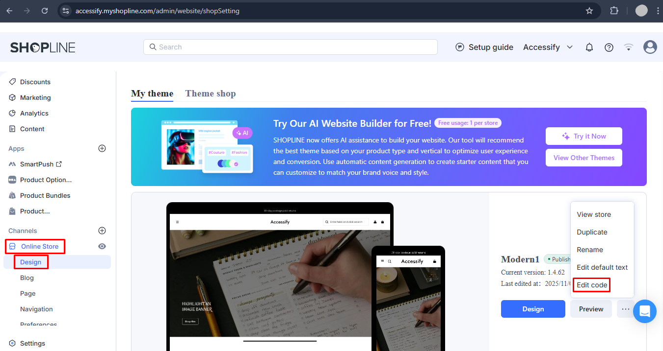 Opening of Edit Code section 