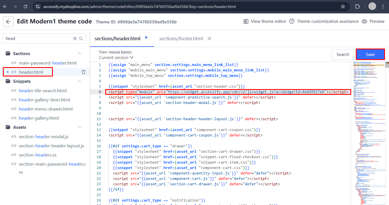 Pasting of accessify code in header.html file