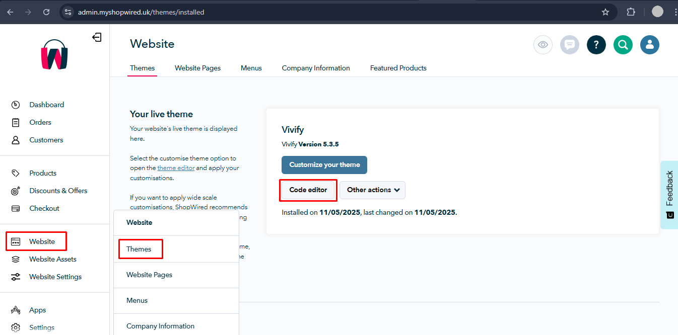 Opening of code editor section in shopwired