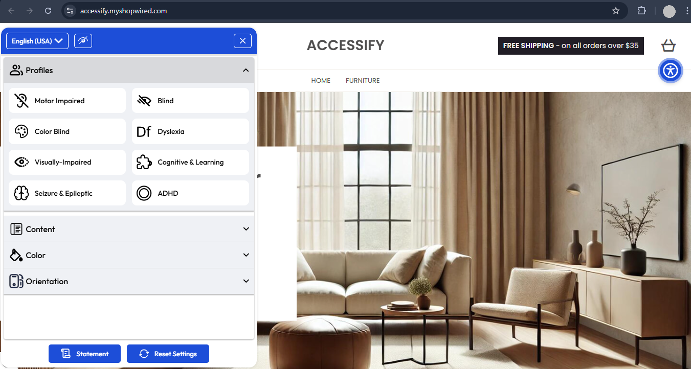 Accessify widget display on Shopwired site