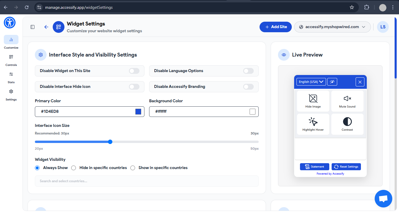 Accessify Widget customization settings