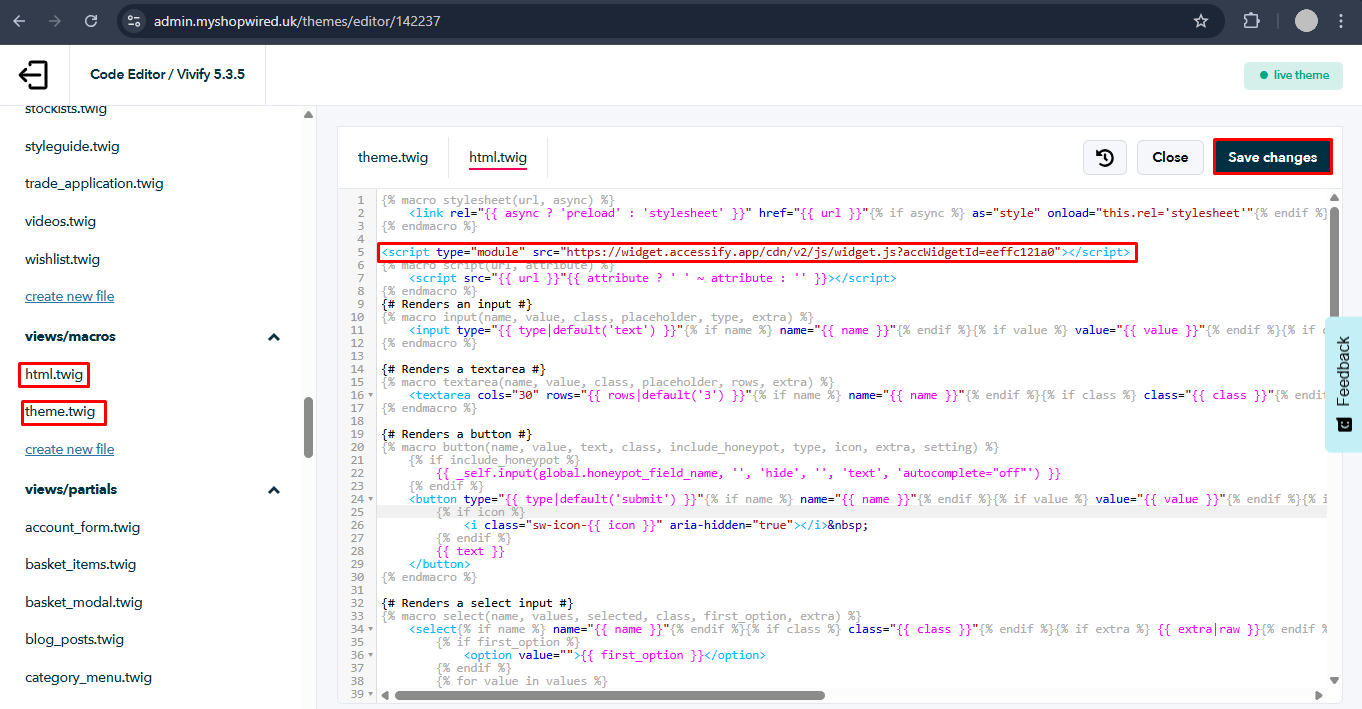 Pasting of accessify code in html.twig file