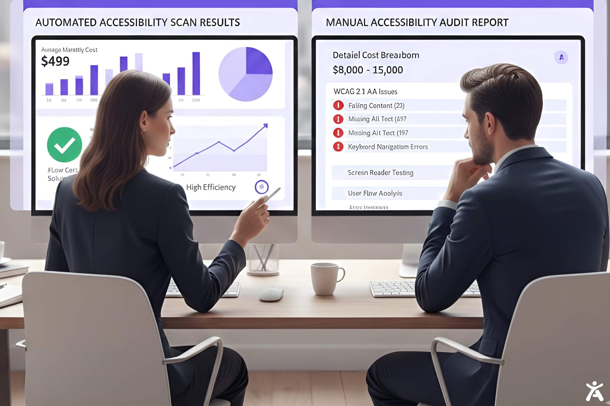 Professionals comparing manual accessibility testing and automated testing costs, showing WCAG audit depth, screen reader testing, and pricing differences.