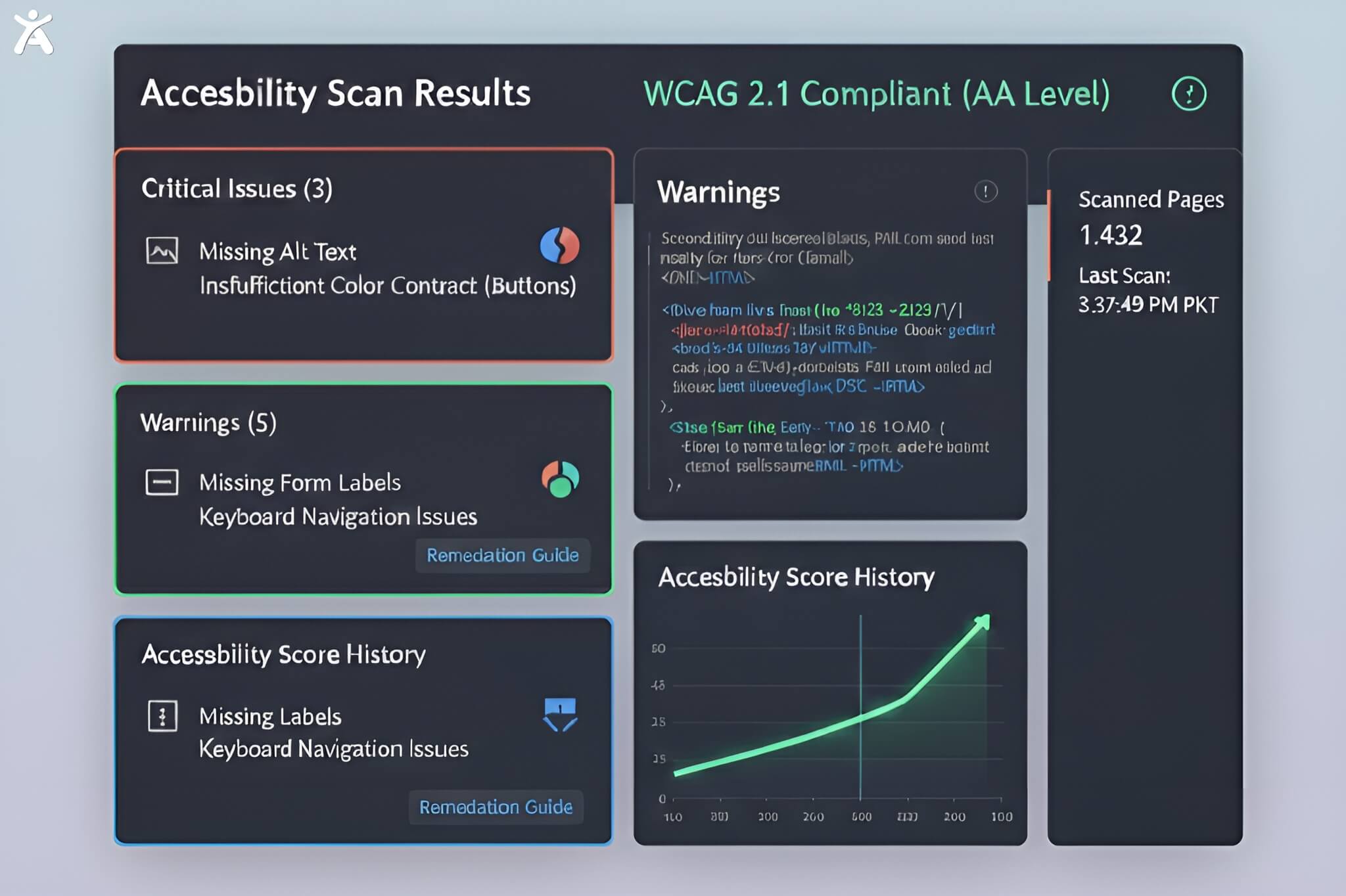 Dashboard showing automated web accessibility scan results, highlighting WCAG issues such as missing alt text, color contrast errors, and form label warnings.
