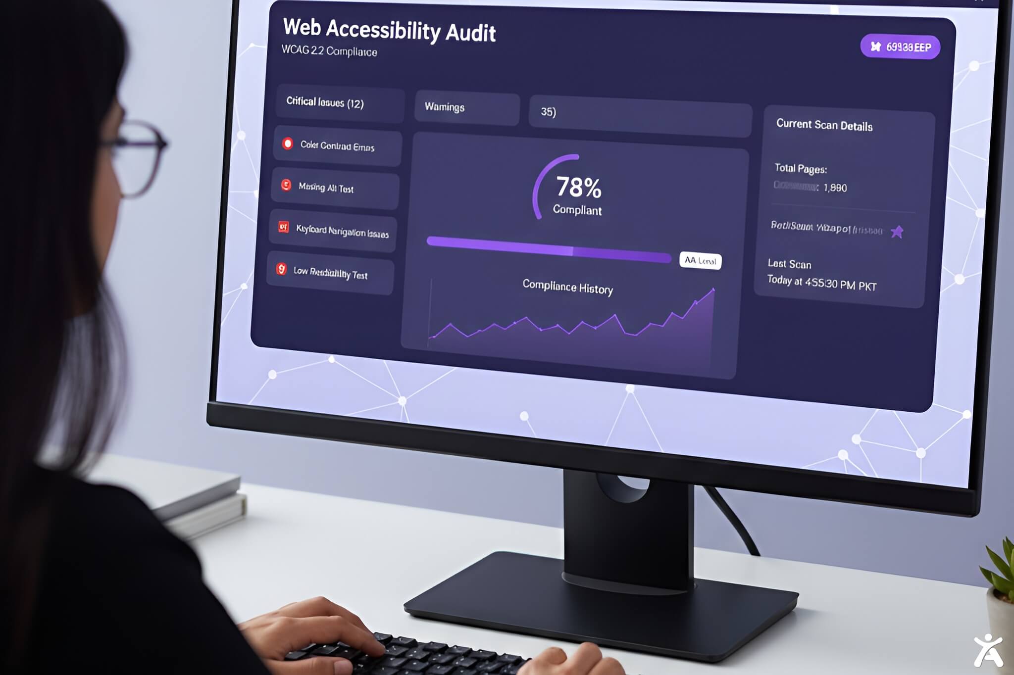 Web accessibility audit dashboard showing WCAG 2.2 issues, color contrast errors, missing alt text warnings, ARIA labels, and compliance progress metrics in a professional UX/UI interface
