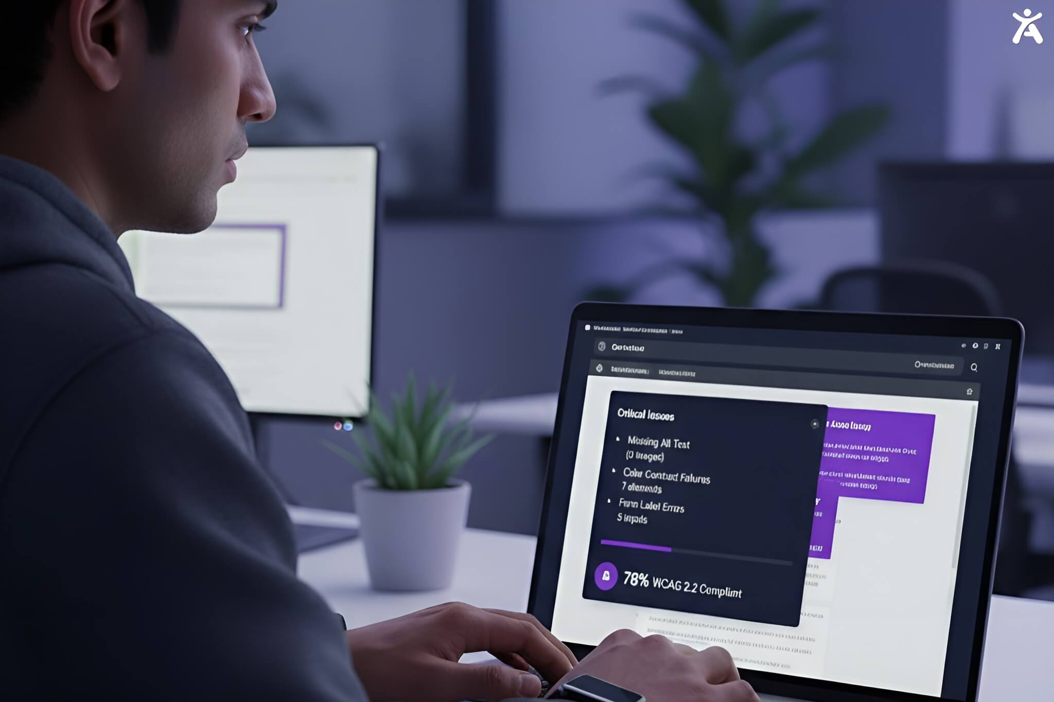 Web developer running an automated accessibility checker that highlights missing alt text, contrast errors, and form label issues.