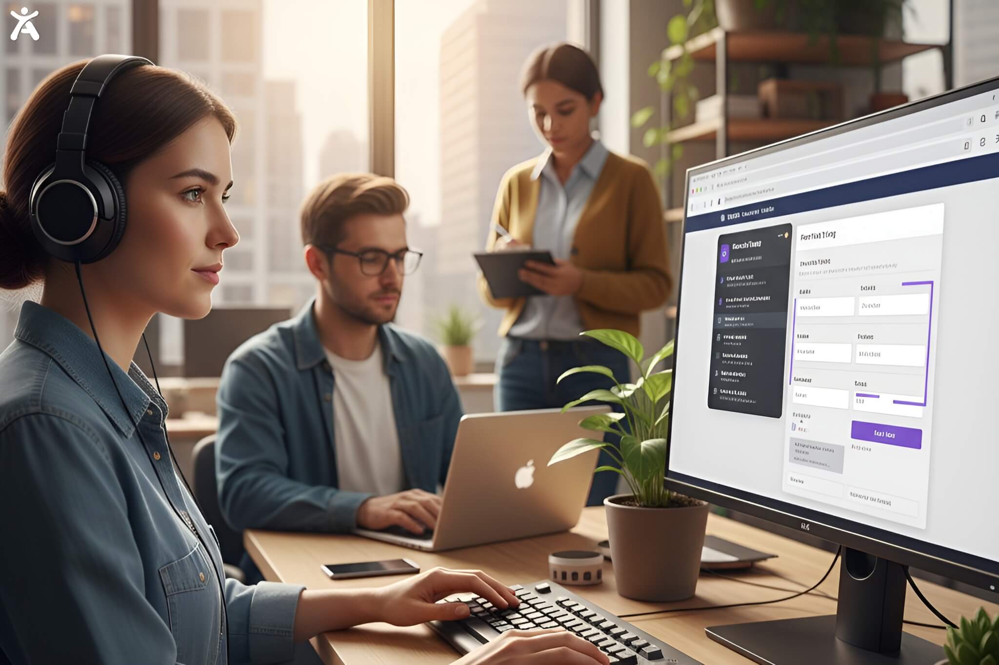 Accessibility testing session with a screen reader user and QA specialist manually testing keyboard navigation, ARIA labels, and screen reader compatibility on a website.