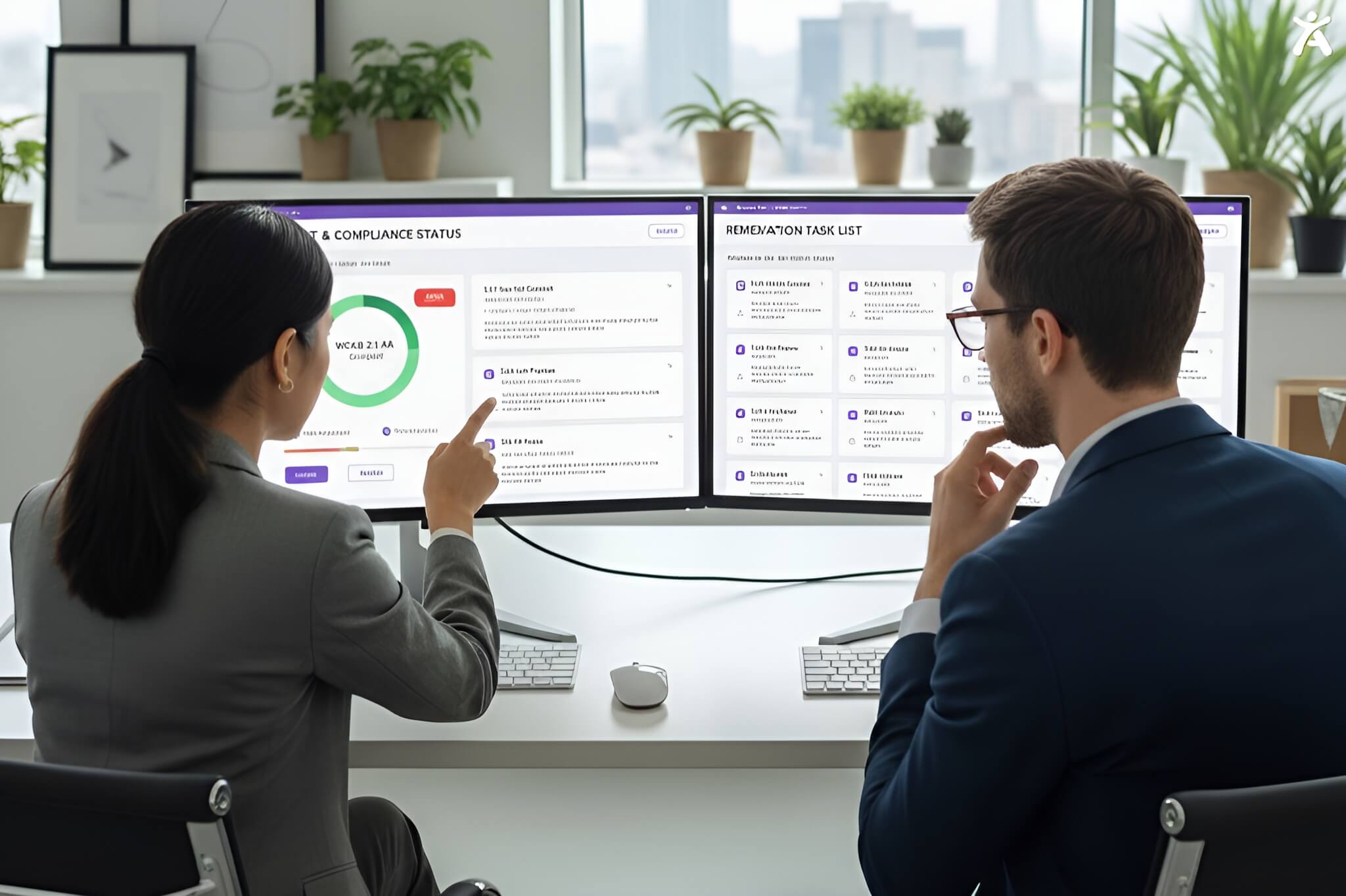 Accessibility experts reviewing a web accessibility audit report with WCAG 2.1 AA checkpoints, VPAT documentation, and ADA compliance findings.