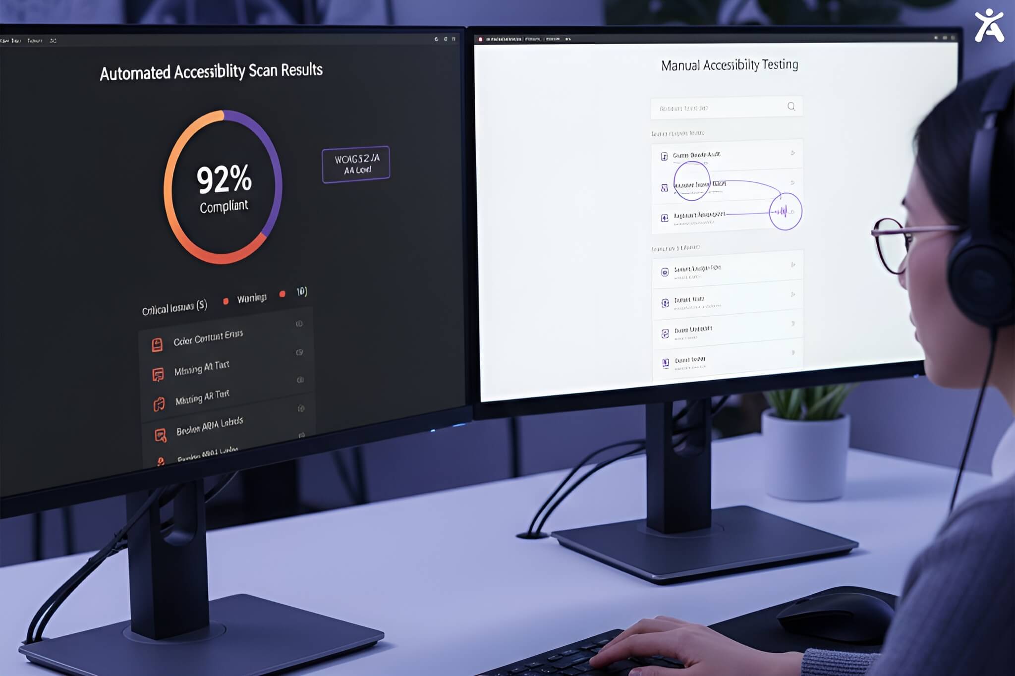 Accessibility specialist comparing automated web accessibility scan results with manual screen reader testing using keyboard navigation on a professional UX/UI dashboard