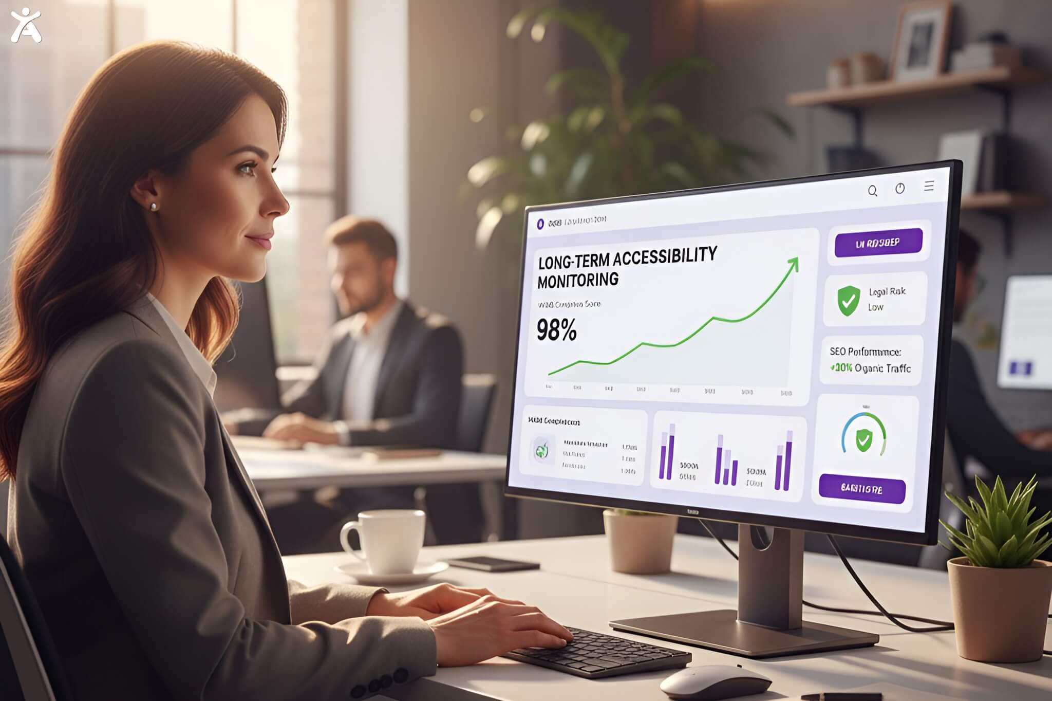 UX manager monitoring ongoing web accessibility compliance and SEO performance through a real-time dashboard showing WCAG compliance scores and long-term accessibility improvements.