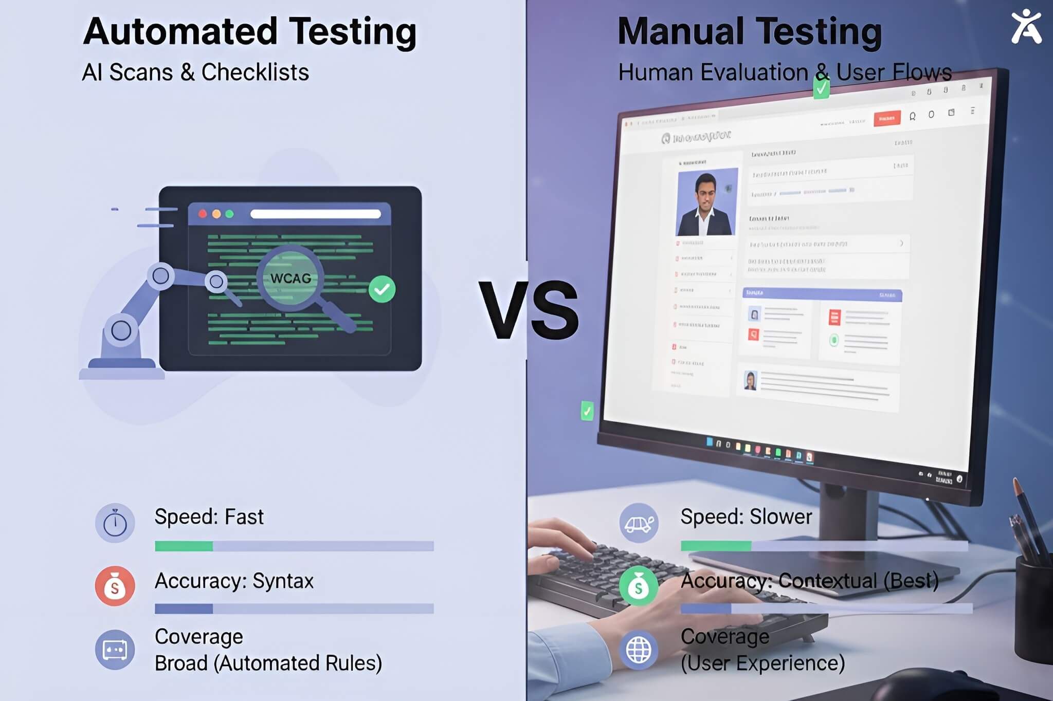Split-screen graphic comparing automated accessibility testing and manual testing, showing differences in speed, cost, coverage, and accuracy.
