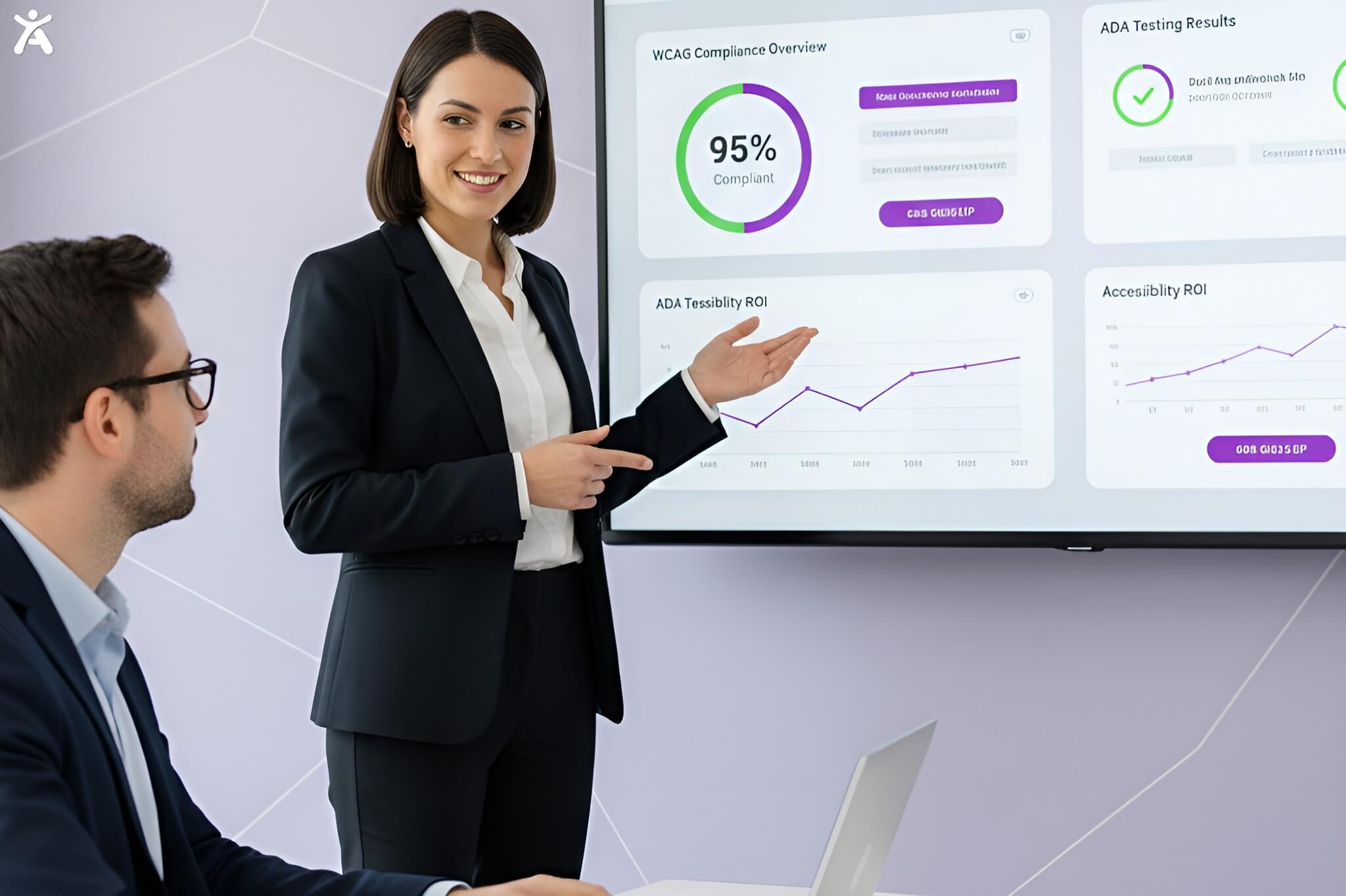 Accessibility consultant presenting WCAG and ADA compliance report to a client using a professional UX/UI reporting dashboard in a modern meeting room