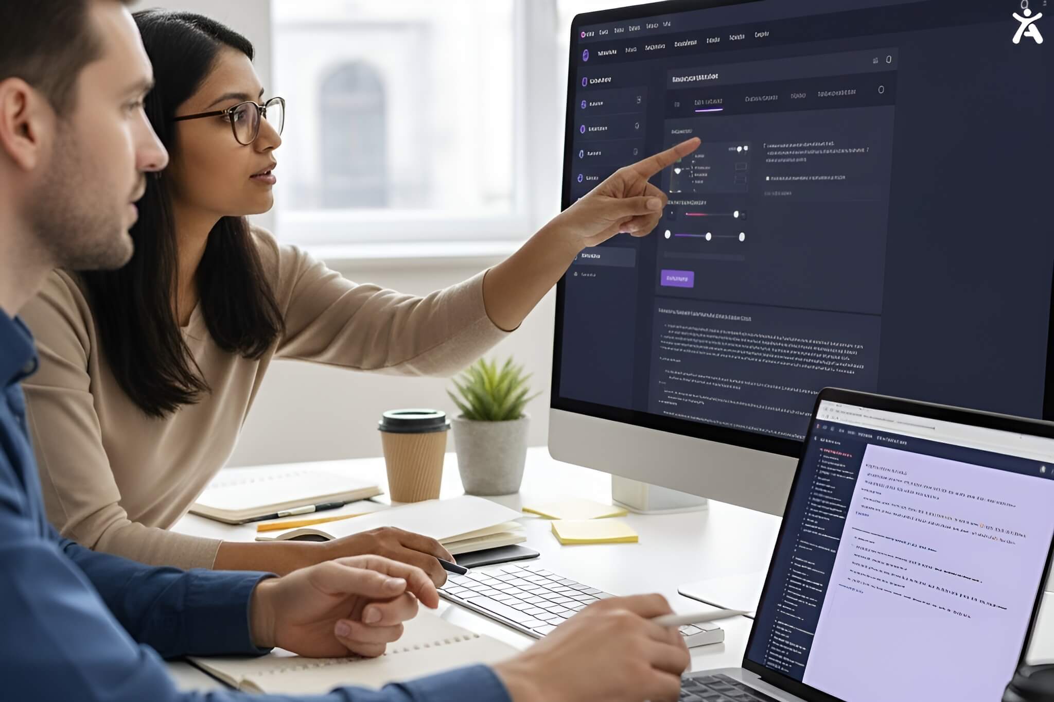 Two professionals updating a website to improve color contrast and descriptive link text for better accessibility.