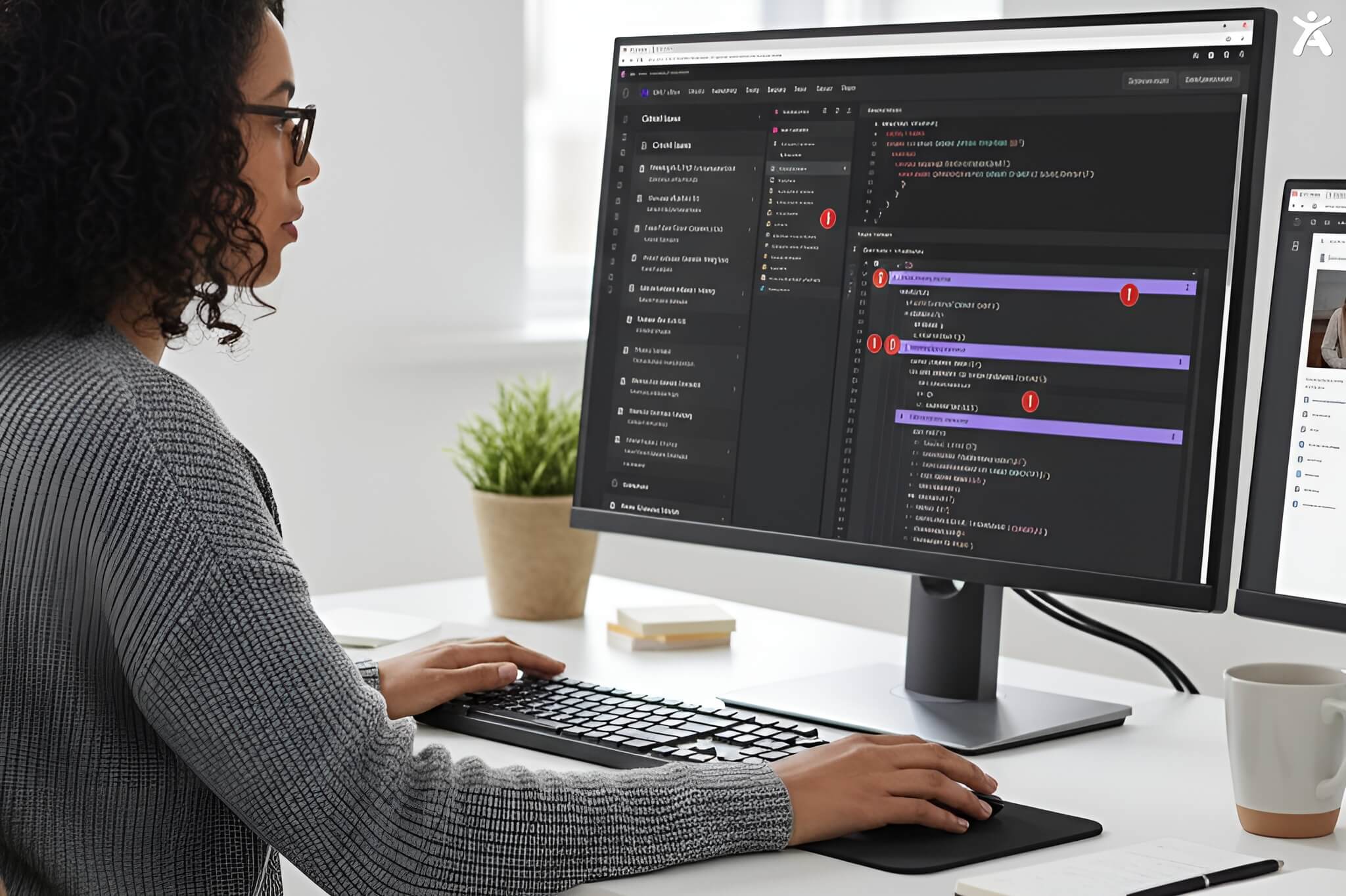 UX designer reviewing an automated web accessibility checker identifying missing alt text, color contrast issues, and WCAG compliance errors.