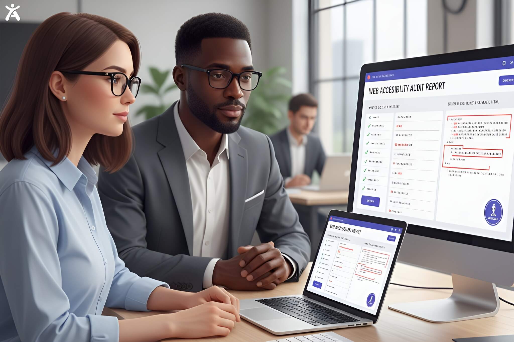 UX designer and accessibility consultant reviewing a web accessibility audit report on screen, highlighting WCAG 2.1 and WCAG 2.2 AA compliance issues and ADA accessibility requirements.