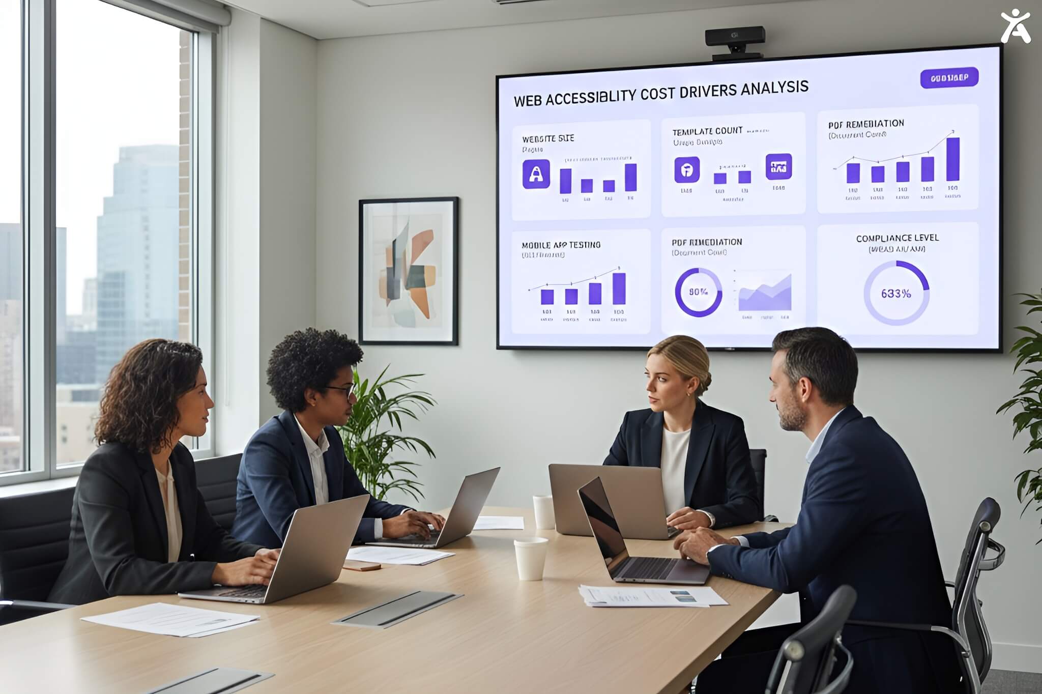 UX managers reviewing ongoing web accessibility compliance, maintenance costs, and return on investment using a real-time accessibility monitoring dashboard.
