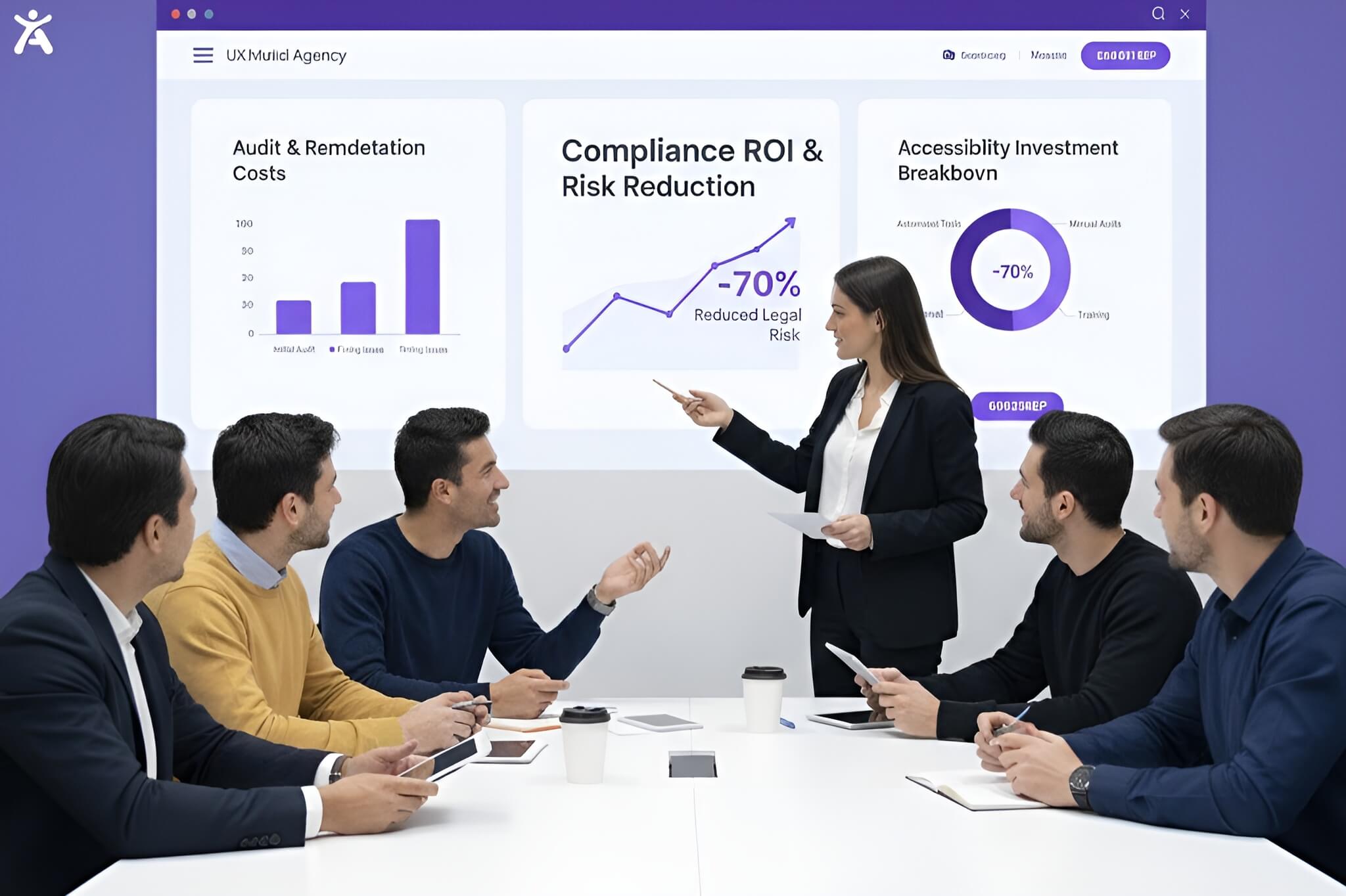 Digital agency team analyzing web accessibility testing costs, remediation pricing, and return on investment using UX/UI dashboards focused on ADA compliance and risk reduction