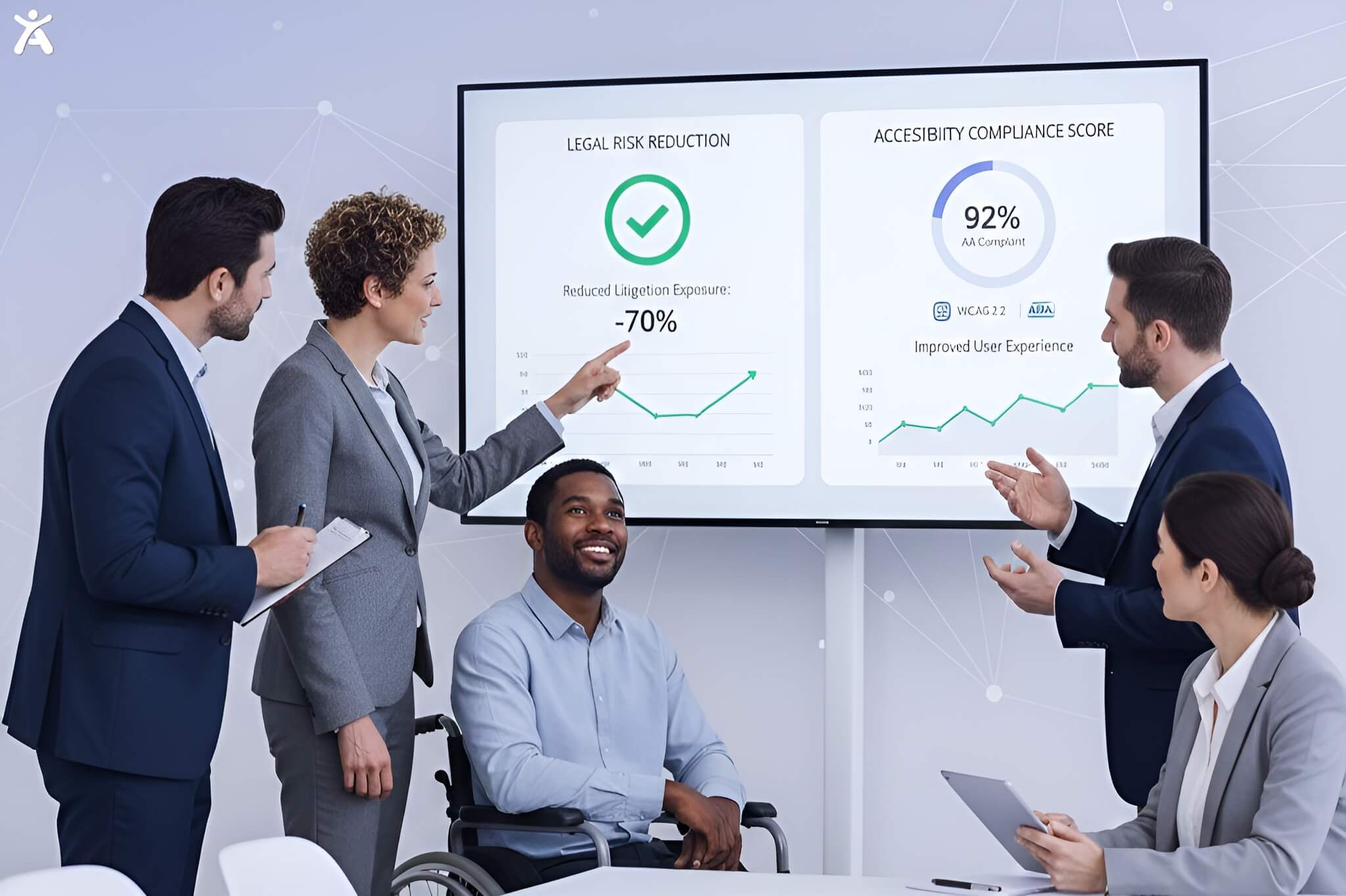 Split-screen graphic comparing automated accessibility testing and manual testing, showing differences in speed, cost, coverage, and accuracy.
