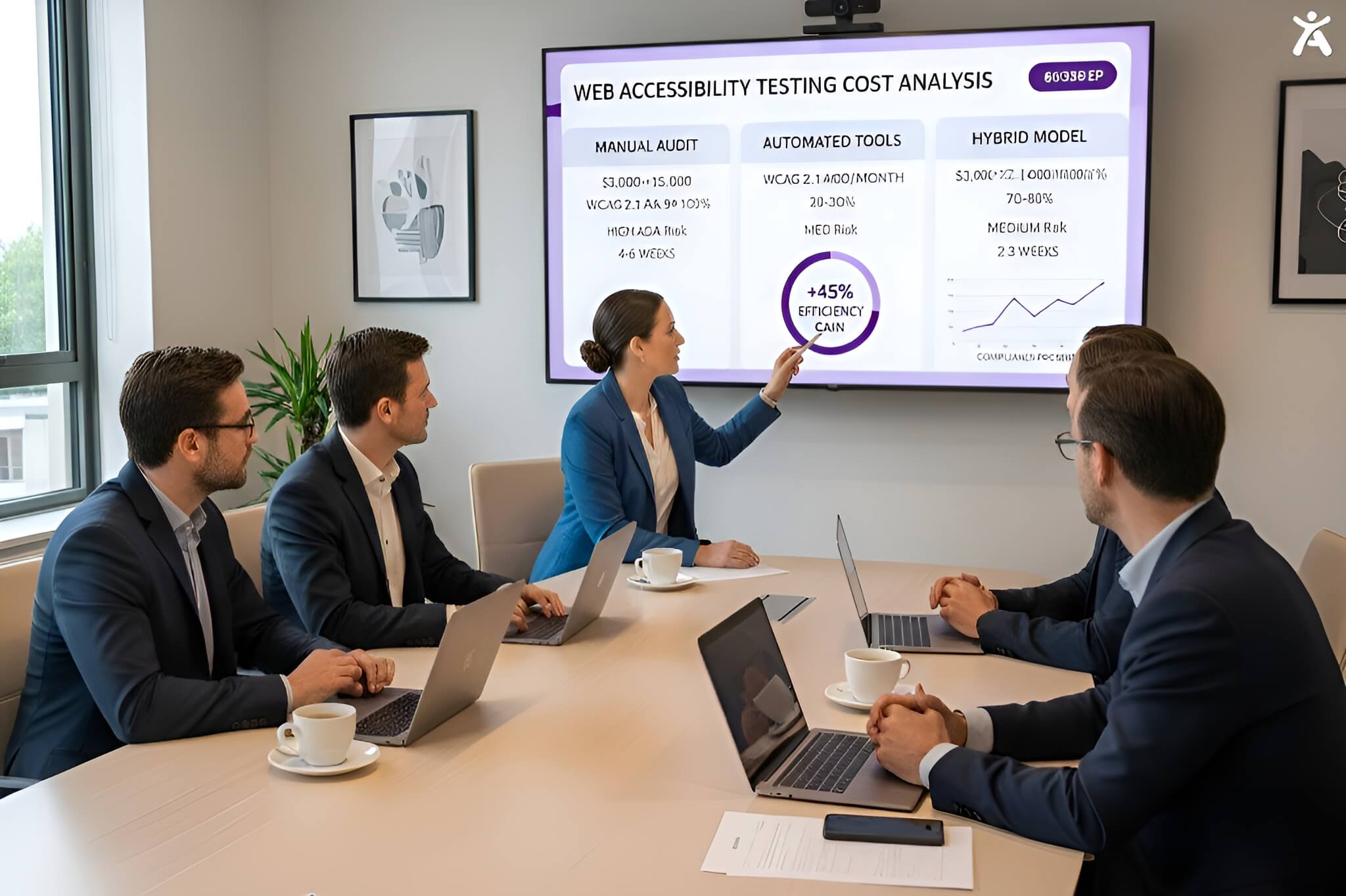 Accessibility consultants and business stakeholders reviewing web accessibility testing costs on a dashboard comparing manual audits, automated tools, and ADA compliance requirements.