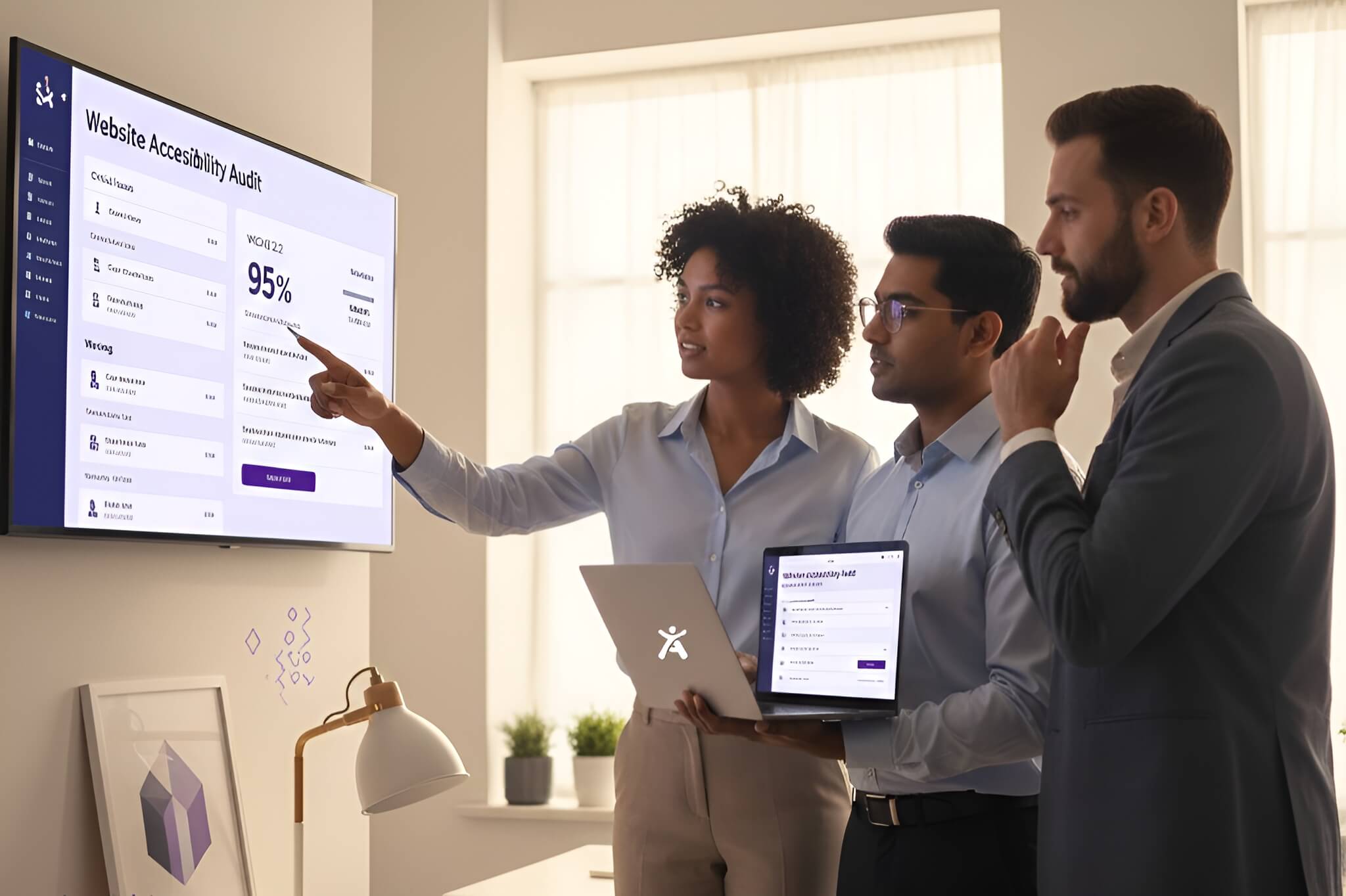 Team reviewing a website accessibility checker report on a desktop screen, identifying WCAG and ADA issues together.