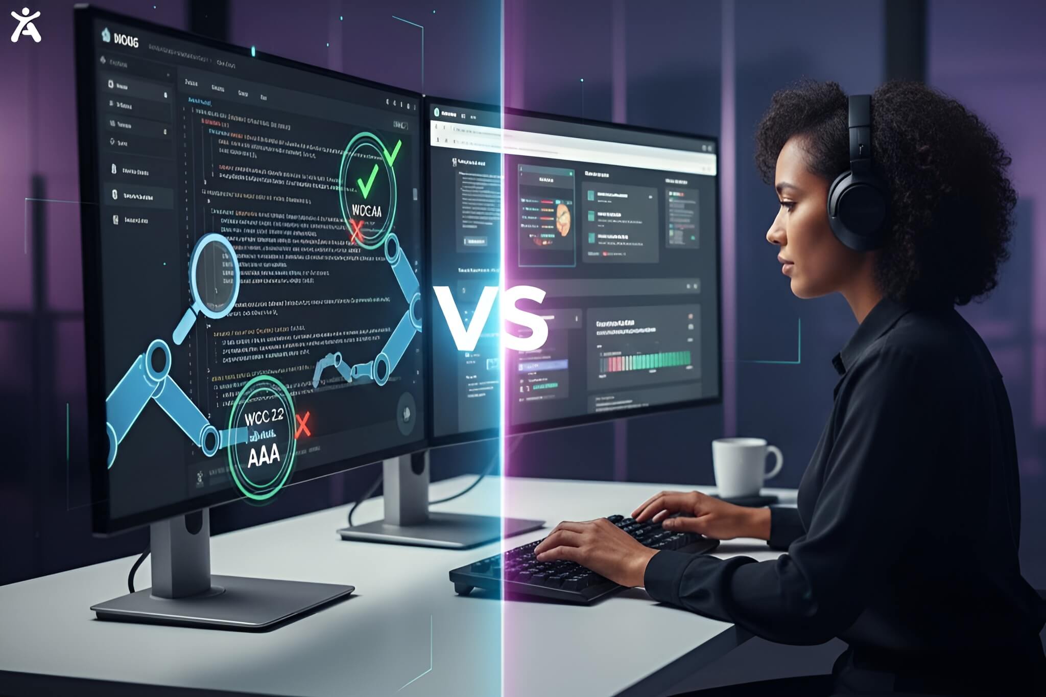 Illustration comparing automated web accessibility testing tools with manual testing by an expert using a screen reader and keyboard to evaluate WCAG compliance.