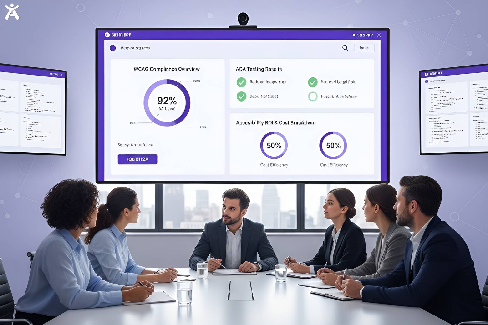 Professional digital agency team reviewing a web accessibility audit dashboard with WCAG compliance scores, ADA testing results, and UX/UI accessibility metrics displayed on large screens in a modern workspace