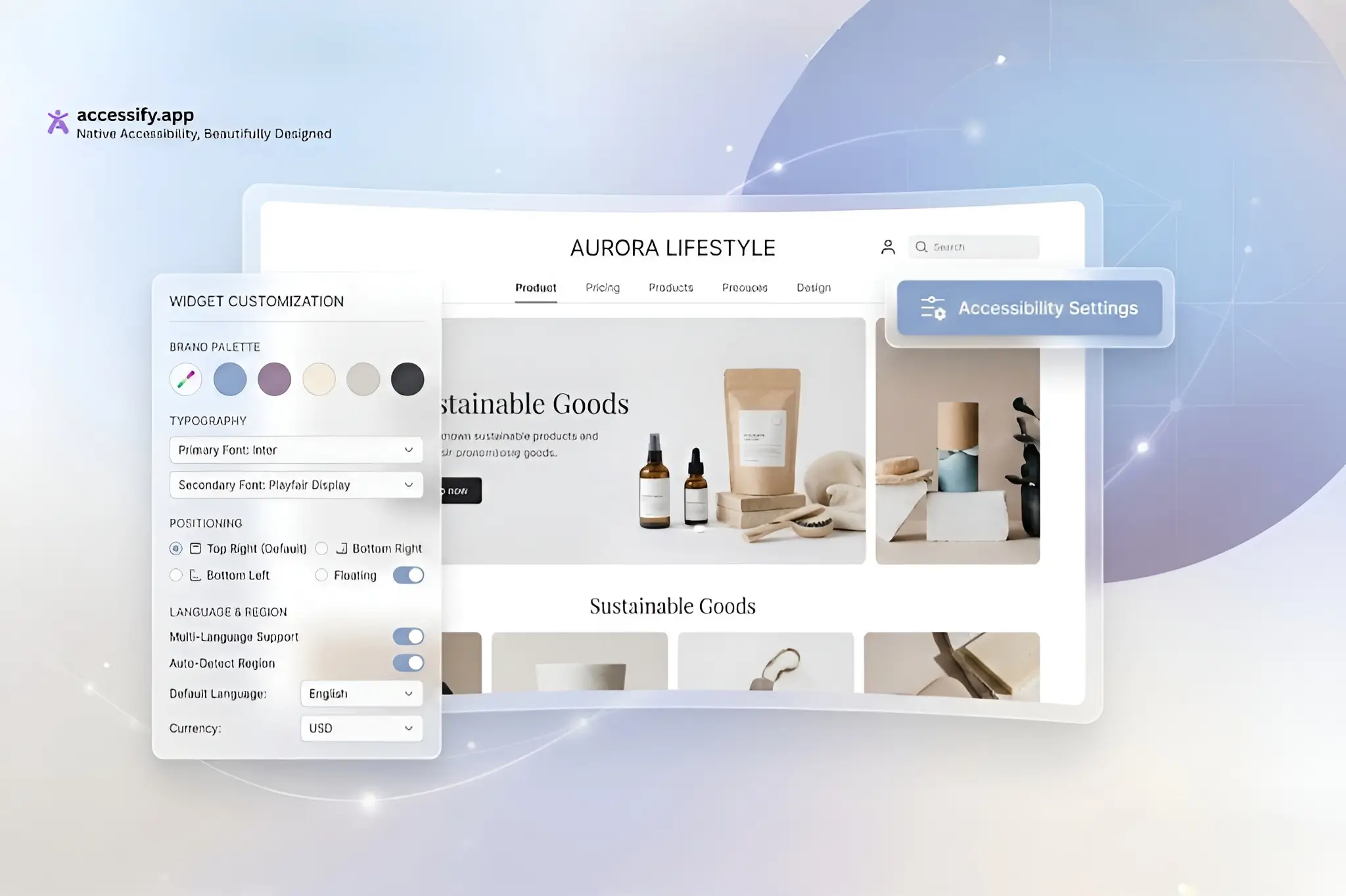 Illustration of an ecommerce website labeled “Aurora Lifestyle” with an accessibility widget overlay. A widget customization panel shows color palette, typography, positioning, and language options, alongside a floating “Accessibility Settings” button, highlighting branded accessibility customization.