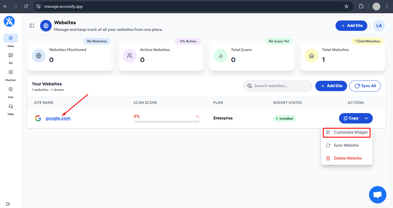 Accessify dashboard showing the Websites management page with one site listed, google.com, scan score 0%, Enterprise plan, and widget status marked Installed. The actions menu is open highlighting Customize Widget, with options to sync or delete the website.