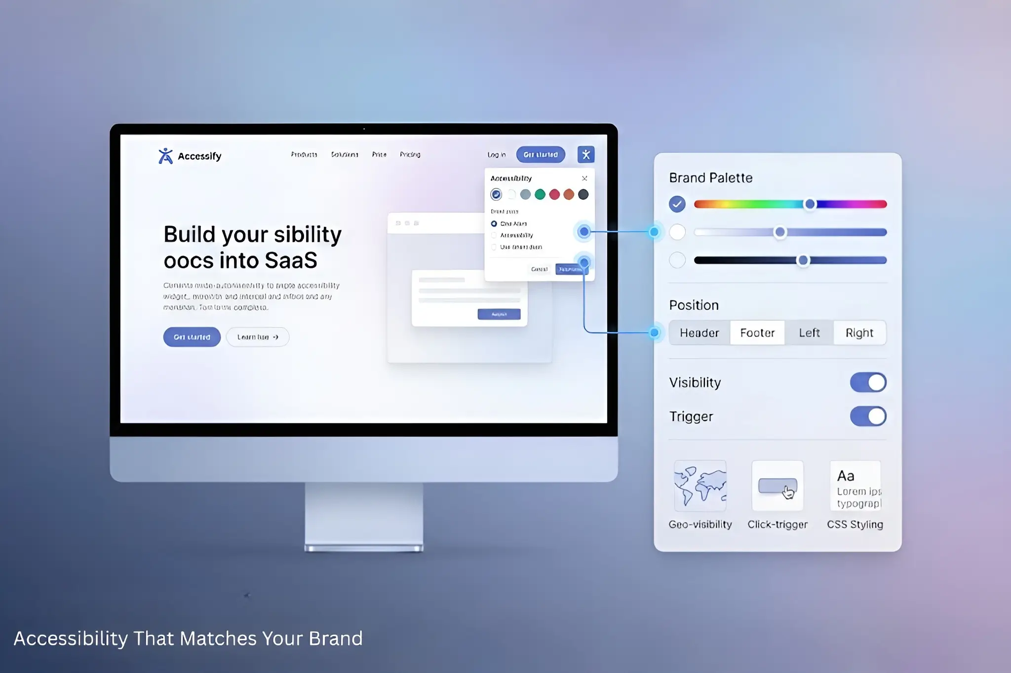SaaS interface illustration showing brand-native accessibility widget customization. A floating panel with color pickers and position toggles connects to a live site preview, demonstrating real-time design control against a soft blue-purple gradient.