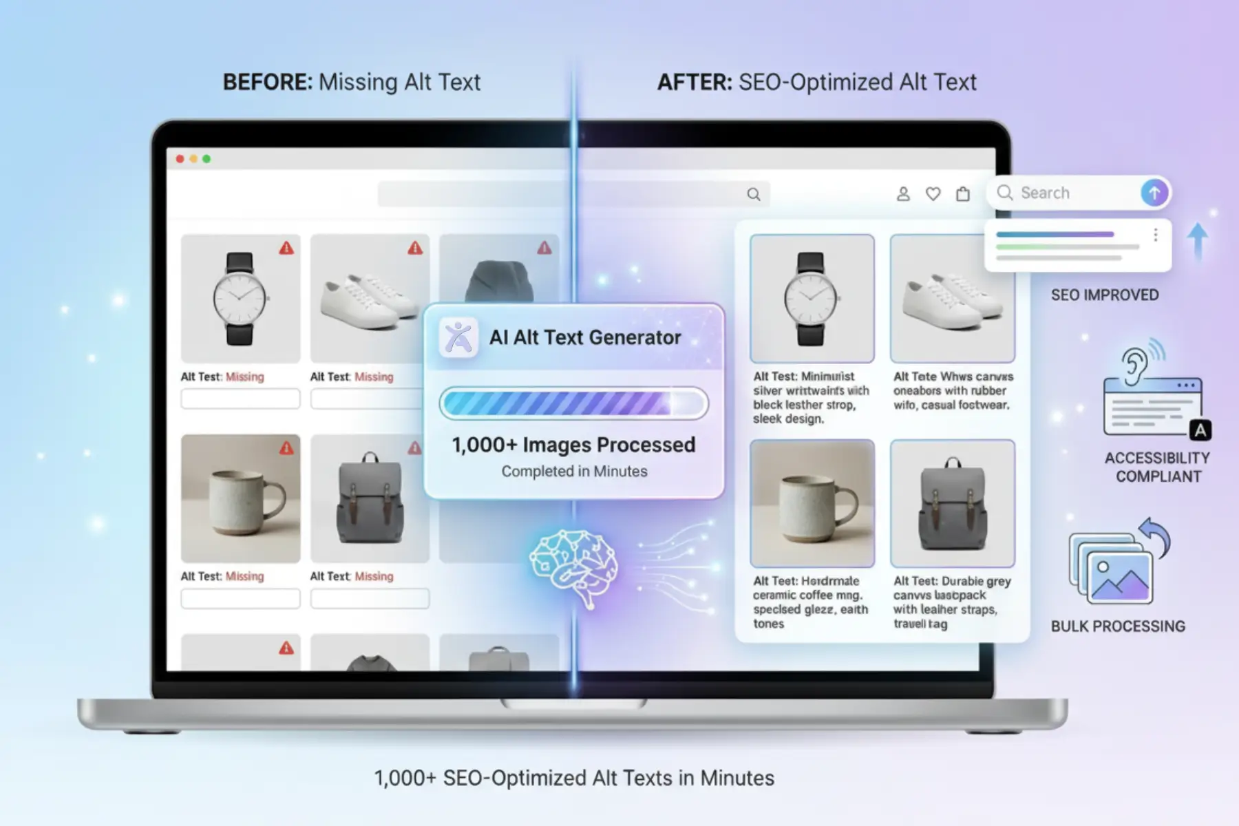 Silver laptop with floating icons for accessibility (eye, keyboard, globe) and AI. Text: 'Add Accessibility in 2 Minutes, No Coding Required' on a soft blue and purple gradient background. Professional SaaS feature image for web inclusivity.