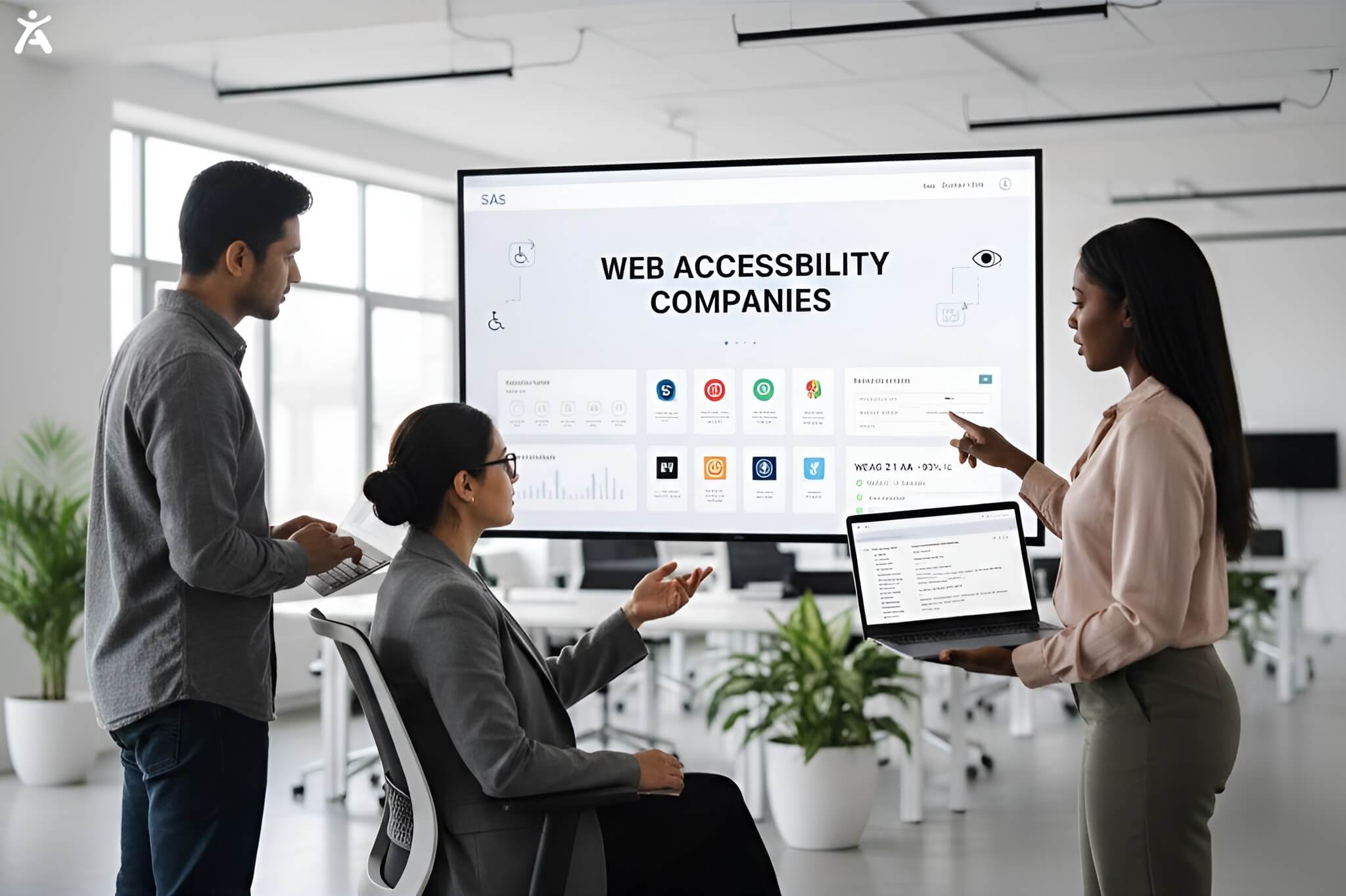 UX team presenting a web accessibility companies platform highlighting web accessibility best practices on a large screen.