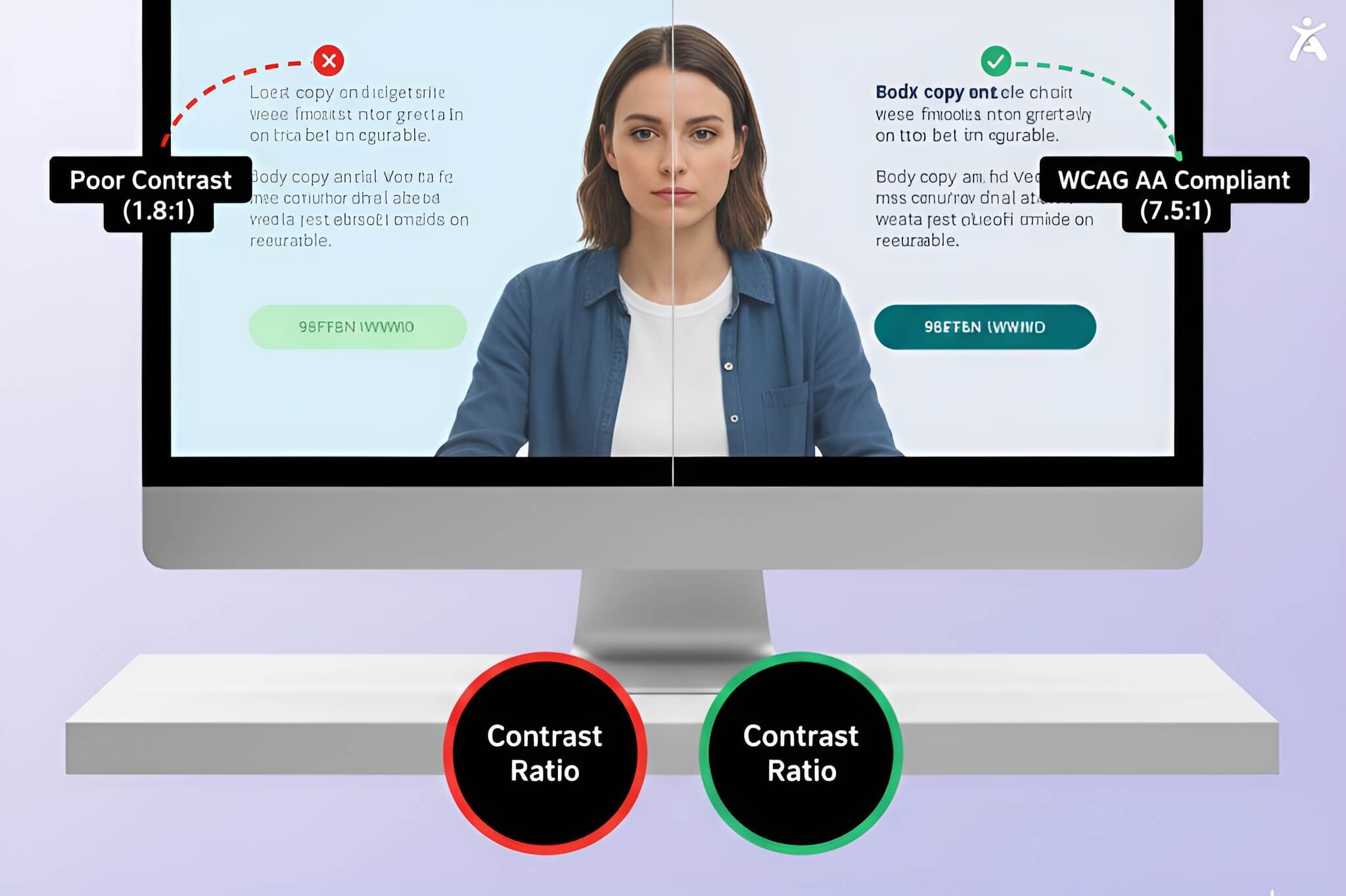 Side-by-side comparison of poor color contrast versus WCAG-compliant contrast on a website interface, demonstrating how web accessibility best practices improve readability and user experience.