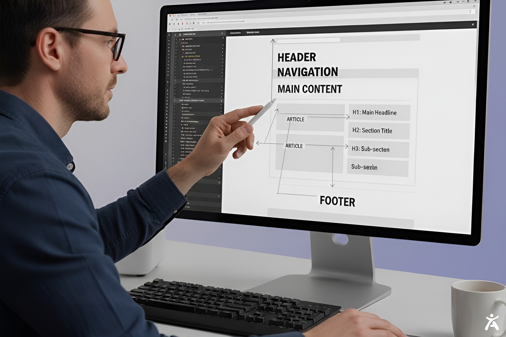 Developer reviewing semantic HTML page structure on a desktop screen, showing header, navigation, main content, article sections, heading hierarchy, and footer for accessibility.