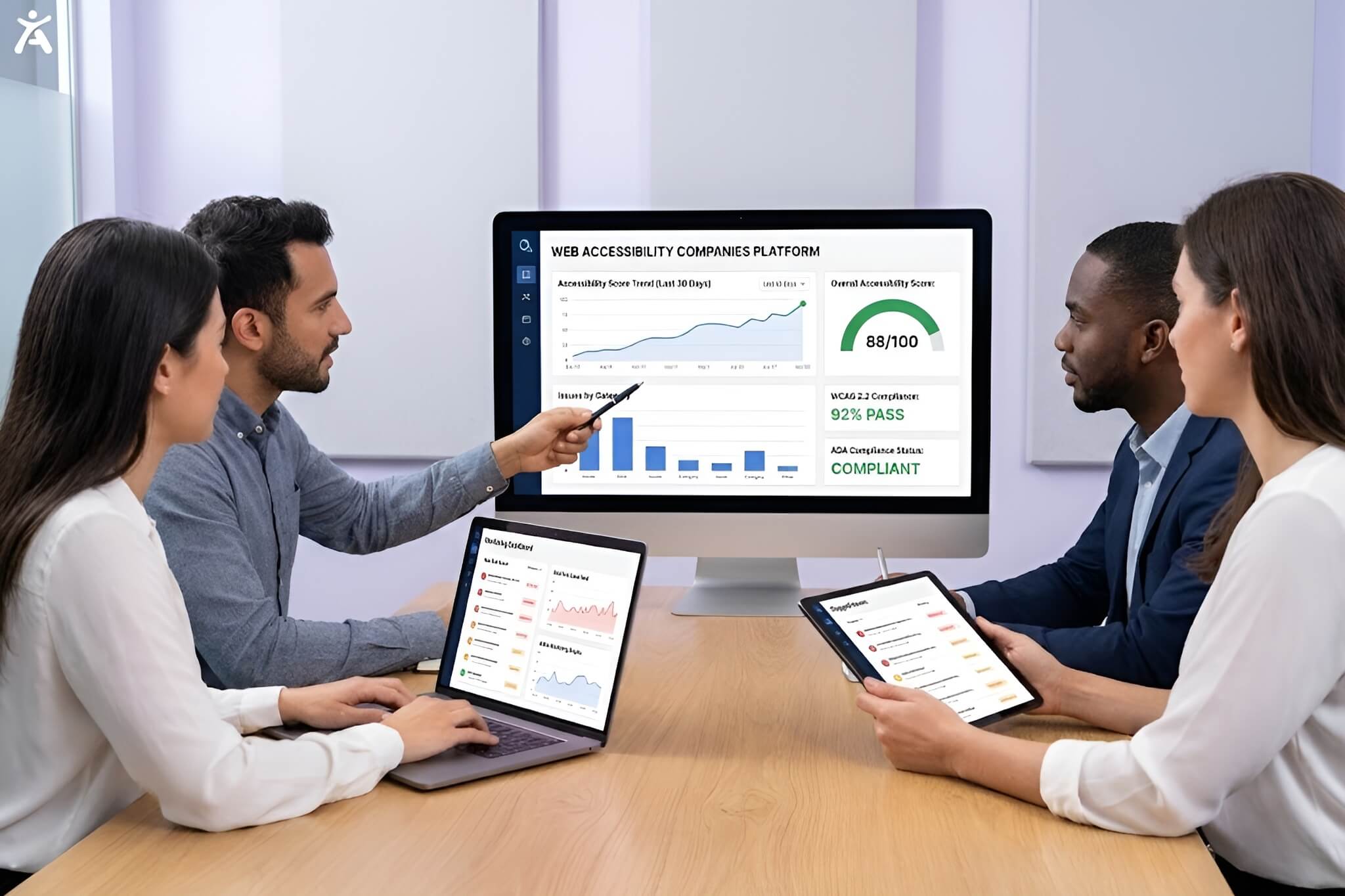 Accessibility specialist reviewing ADA and WCAG audit results provided by web accessibility platforms.